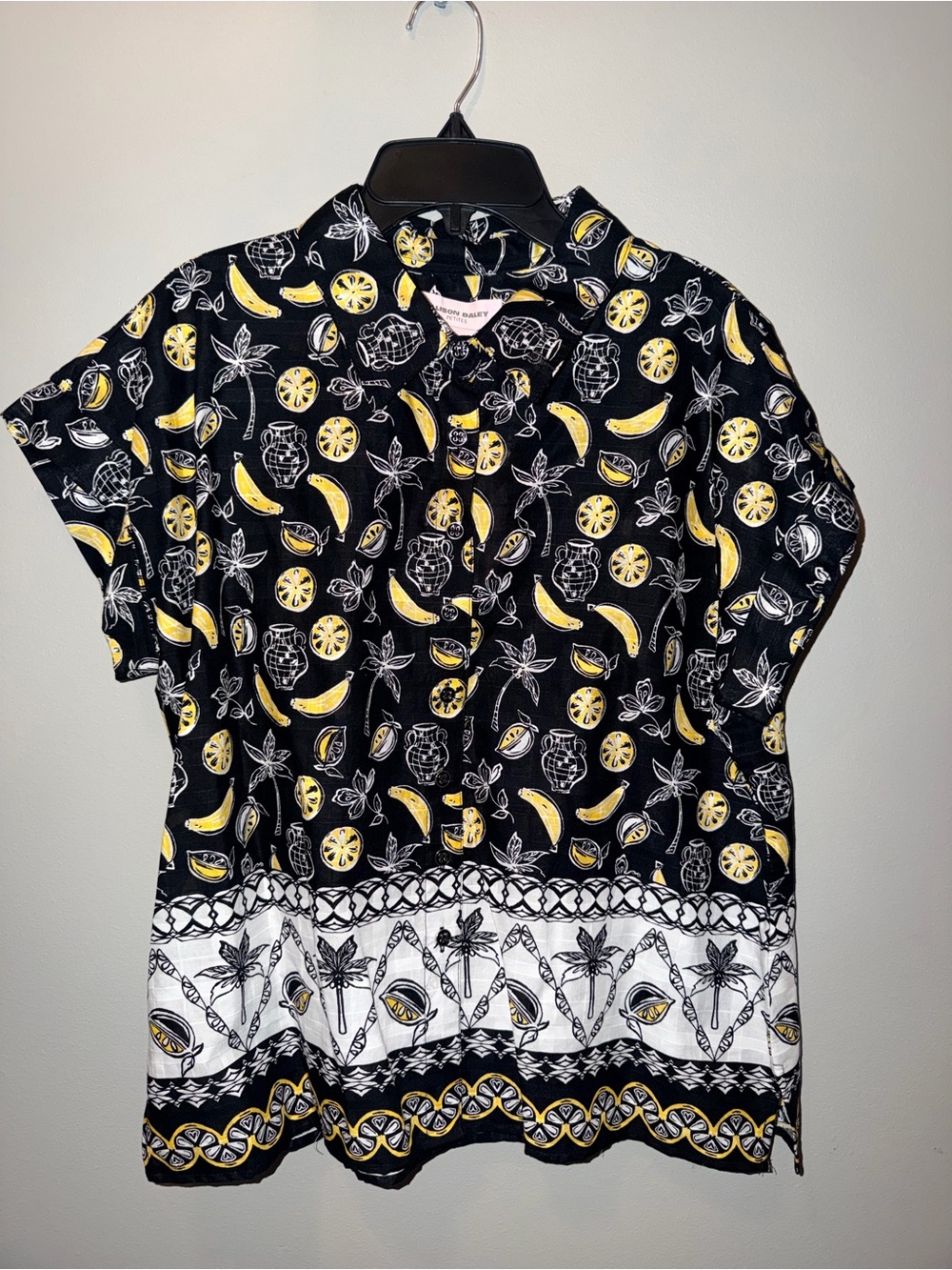 Allison Daley Black Short-Sleeve Button-Front Shirt with Yellow Fruit Print